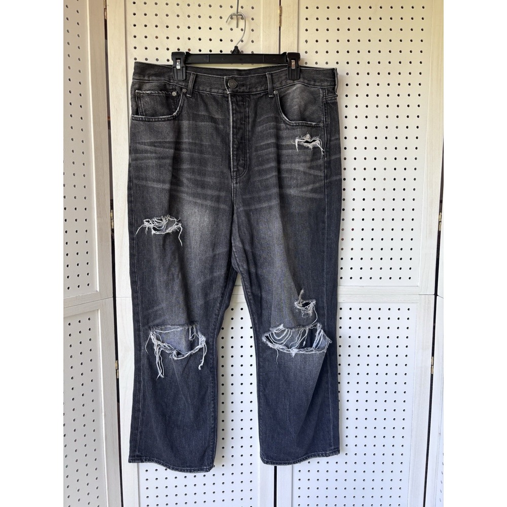 American Eagle Women's 16 Short 90s Boyfriend Jeans Denim Black Ripped ButtonFly